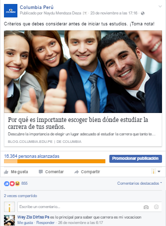 Publicación de Columbia Marketing de contenidos - Ejemplos Columbia